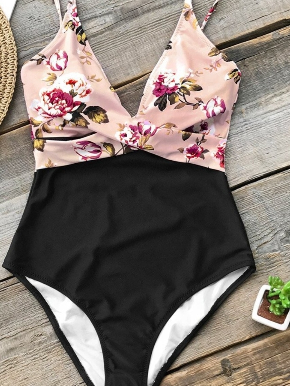 Cupshe Pink Floral and Black One-Piece Swimsuit
